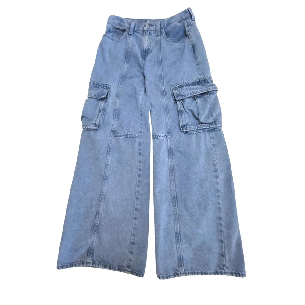 Old Navy Jeans Baggy Wide Barrel Leg High Rise Cargo Light Wash Cotton Girls 16